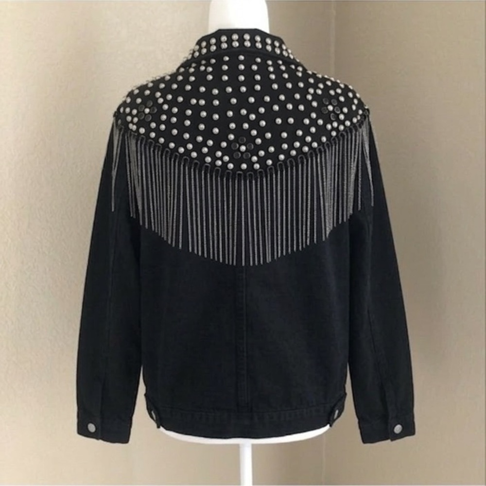 Embellished Rodeo Jean Jacket Studs & Chain Fringe Statement Jacket size XL - Picture 3 of 9